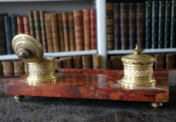 Empire style ormolu and red marble inkwell, Napoleon III production, 19th century