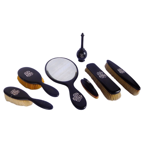 Ebony toiletry set, sterling silver LG monogram - 7 pieces