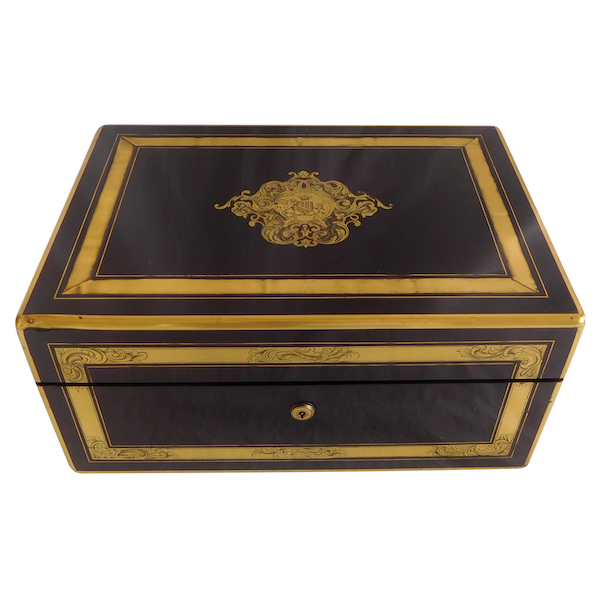 Large ebony and brass jewelry box, marquis coat of arms, mid 19th century