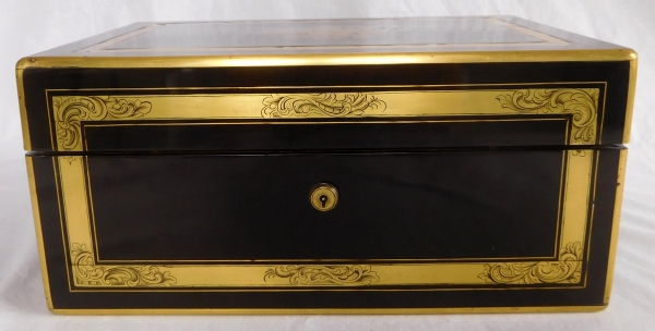 Large ebony and brass jewelry box, marquis coat of arms, mid 19th century