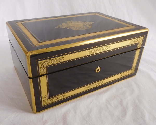 Large ebony and brass jewelry box, marquis coat of arms, mid 19th century