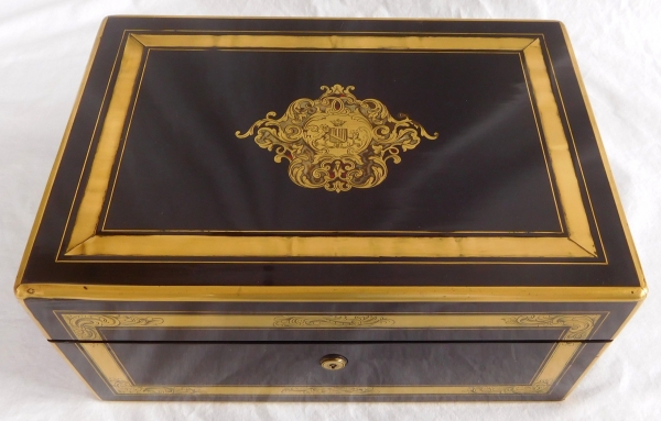 Large ebony and brass jewelry box, marquis coat of arms, mid 19th century