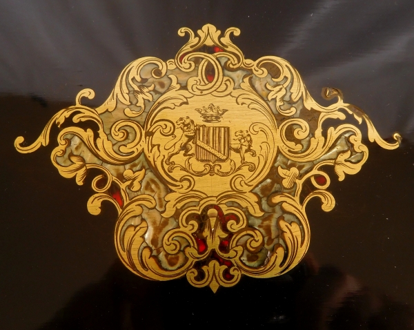 Large ebony and brass jewelry box, marquis coat of arms, mid 19th century