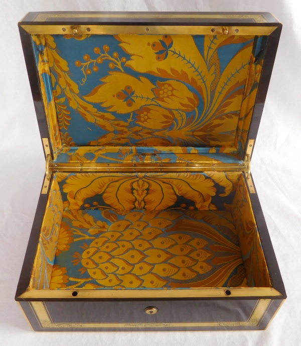 Large ebony and brass jewelry box, marquis coat of arms, mid 19th century