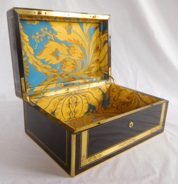 Large ebony and brass jewelry box, marquis coat of arms, mid 19th century