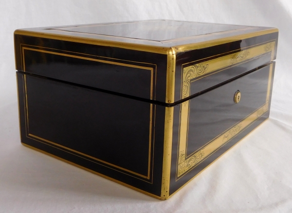 Large ebony and brass jewelry box, marquis coat of arms, mid 19th century