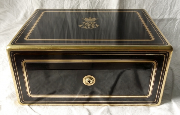 Ebony and brass jewelry box, crown of Marquis, 19th century