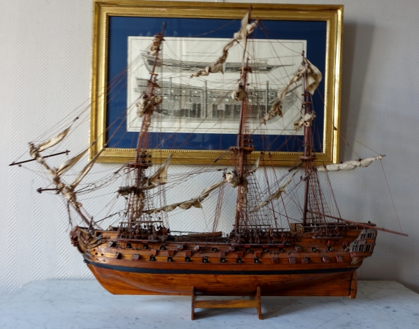 Maquette en bois : vaisseau de 74 canons - le Superbe 1784 - 100cm x 84cm - objet de marine