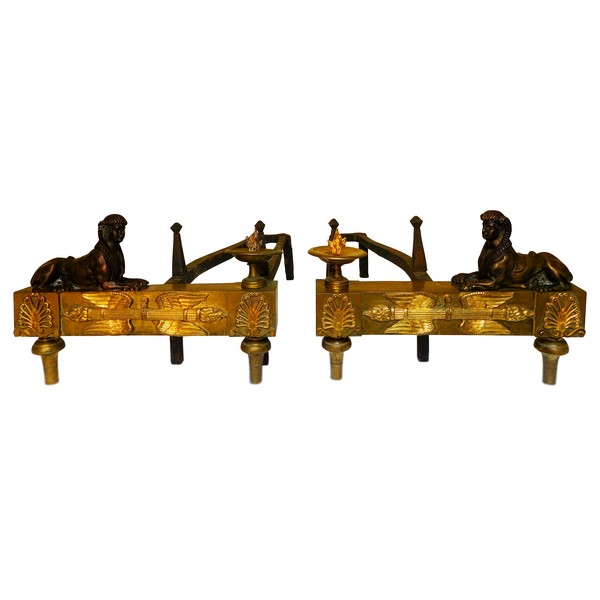 Pair of large Empire Consulate ormolu andirons - early 19th century circa 1800