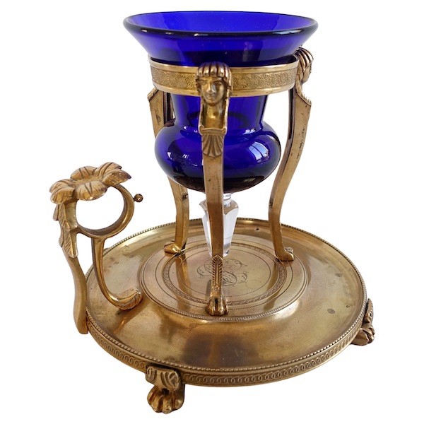 Lampe veilleuse en bronze doré et sa verrine bleue - époque Empire - Retour d'Egypte