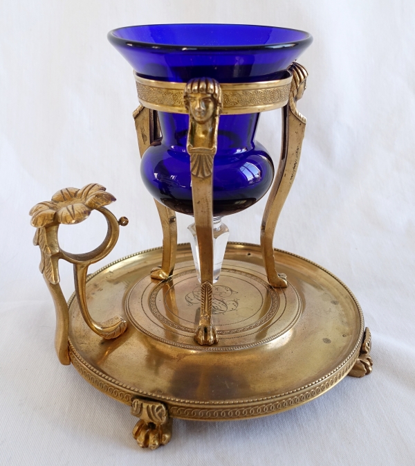 Lampe veilleuse en bronze doré et sa verrine bleue - époque Empire - Retour d'Egypte