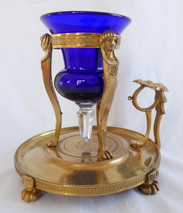 Lampe veilleuse en bronze doré et sa verrine bleue - époque Empire - Retour d'Egypte