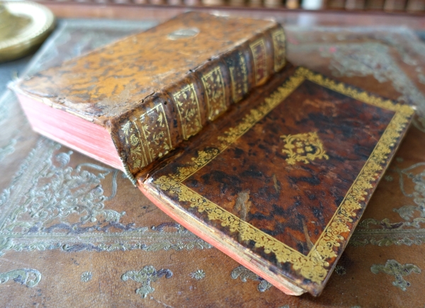 Livre à secrets / à cachette à boite à musique - cuir doré aux petits fers aux Armes de France