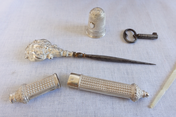 Early 19th century sterling silver sewing set, Charles X period circa 1820 - 1830