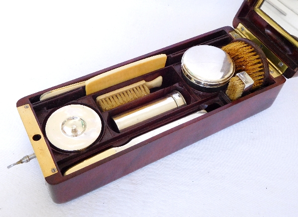 Aucoc Empire officer travel set, mahogany, crystal, sterling silver, circa 1820