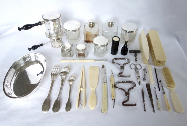 Travel / vanity set for an officer, 37 crystal and sterling silver pieces, early 19th century