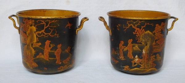 Pair of lacquered iron planters, chinese style decoration, early 19th century