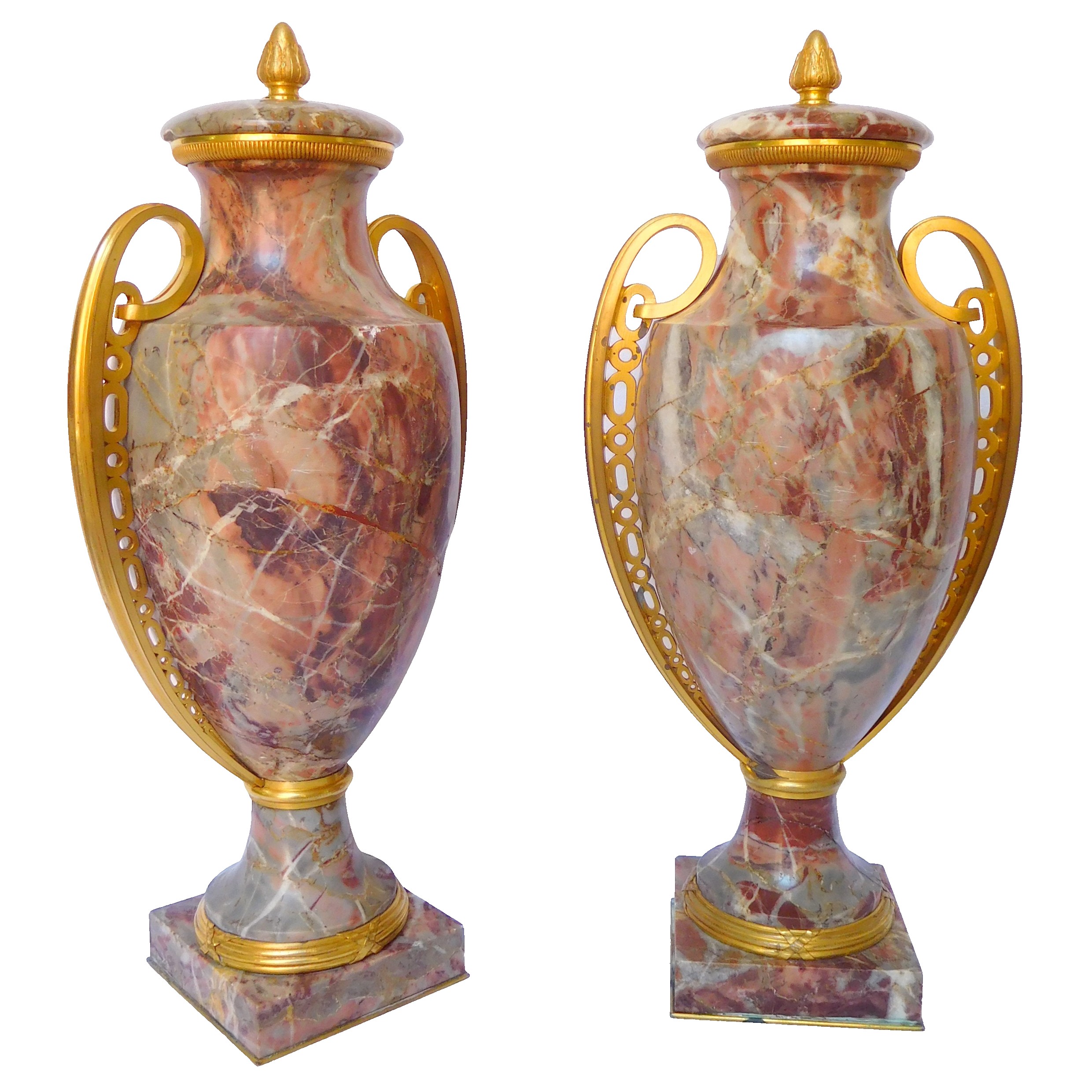 Pair of Louis XVI style vases, ormolu and marbre Art Deco production