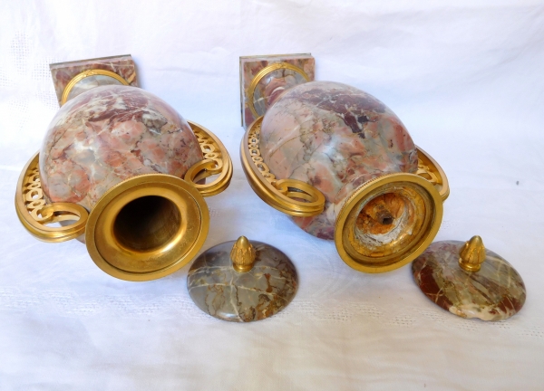 Pair of Louis XVI style vases, ormolu and marbre Art Deco production