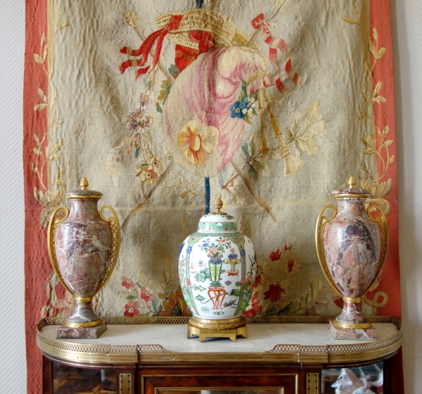 Pair of Louis XVI style vases, ormolu and marbre Art Deco production