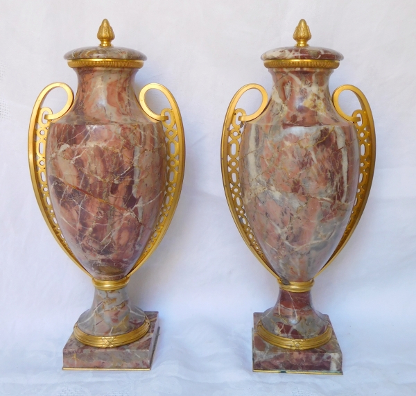 Pair of Louis XVI style vases, ormolu and marbre Art Deco production