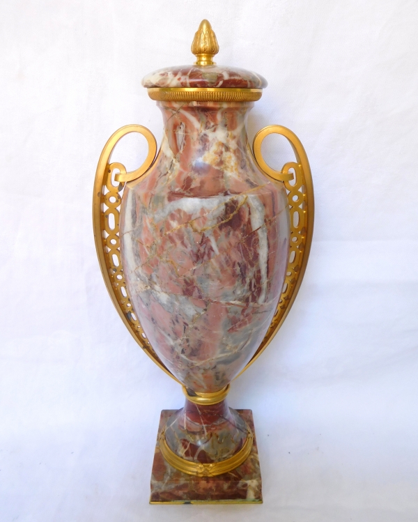 Pair of Louis XVI style vases, ormolu and marbre Art Deco production