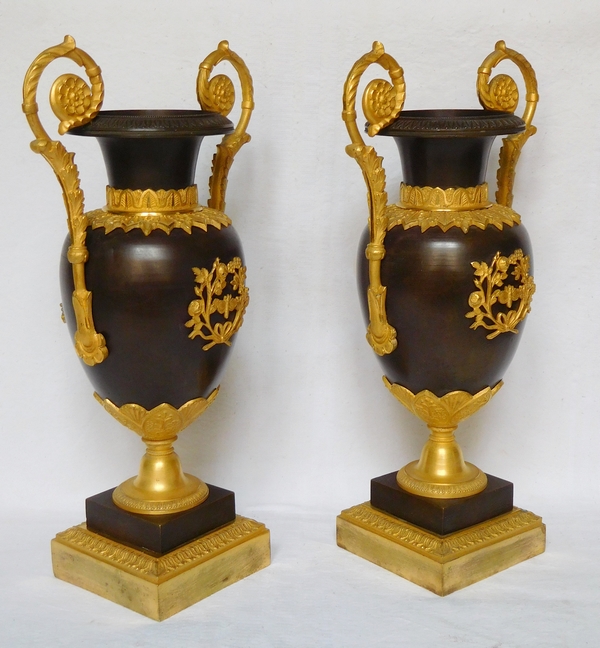 Paire de vases en bronze patiné et doré au mercure époque Restauration