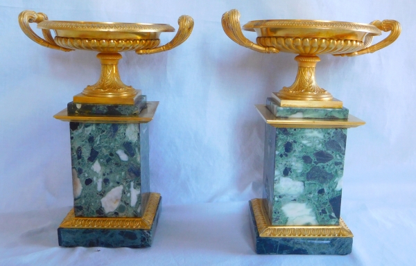 Paire of Empire ormolu and Pyrenean green marble cassolettes, early 19th century