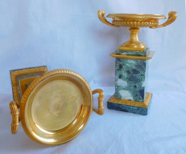 Paire of Empire ormolu and Pyrenean green marble cassolettes, early 19th century