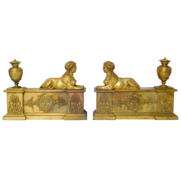 Claude Galle : pair of Empire ormolu and patinated bronze andirons