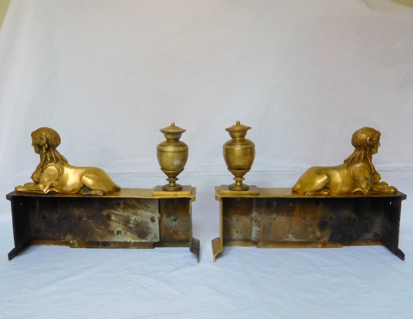 Claude Galle : pair of Empire ormolu and patinated bronze andirons