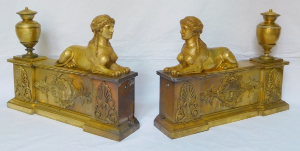 Claude Galle : pair of Empire ormolu and patinated bronze andirons