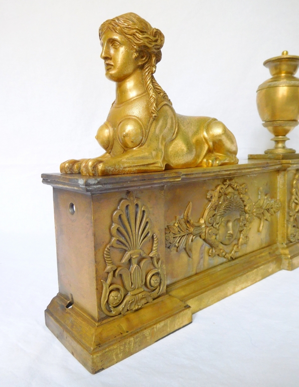 Claude Galle : pair of Empire ormolu and patinated bronze andirons