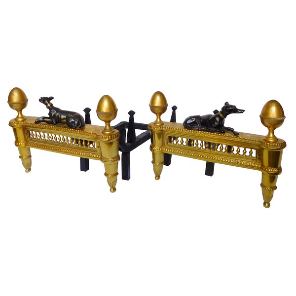 Pair of large Louis XVI ormolu & patinated bronze andirons - early 19th century circa 1800