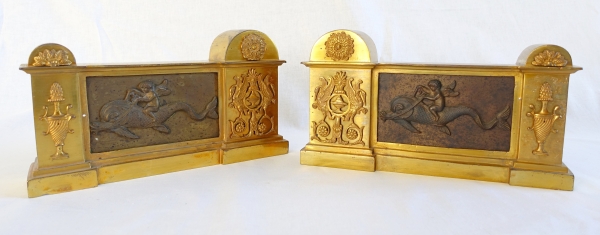 Pair of gilt bronze andirons, Empire Restoration period - early 19th century