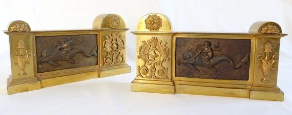 Pair of gilt bronze andirons, Empire Restoration period - early 19th century