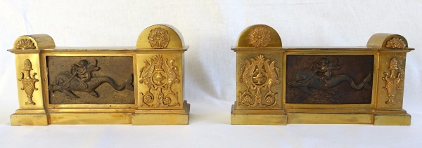 Pair of gilt bronze andirons, Empire Restoration period - early 19th century