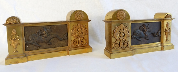 Pair of gilt bronze andirons, Empire Restoration period - early 19th century