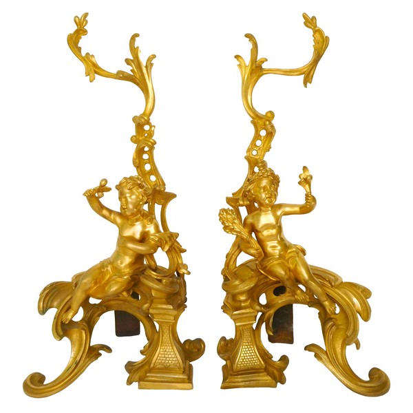 Pair of Louis XV style ormolu andirons, mid 19th century production