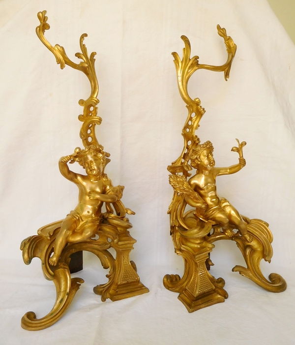 Pair of Louis XV style ormolu andirons, mid 19th century production