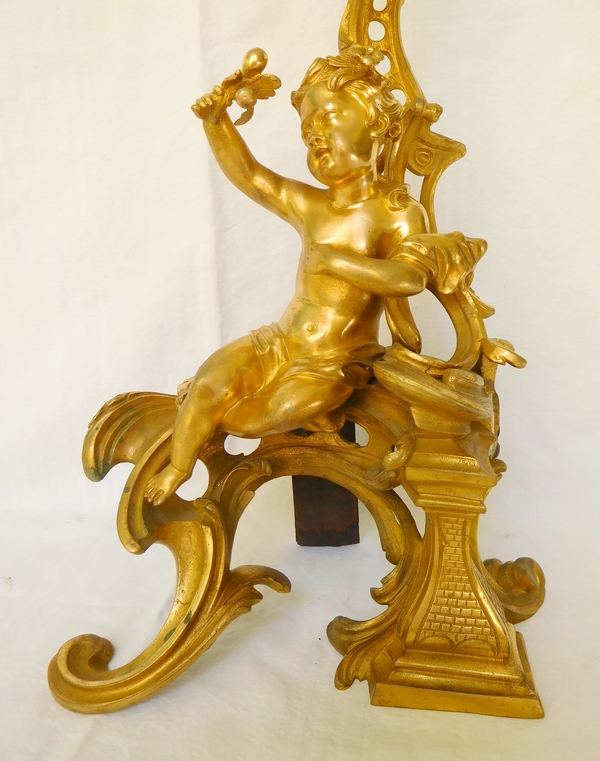 Pair of Louis XV style ormolu andirons, mid 19th century production