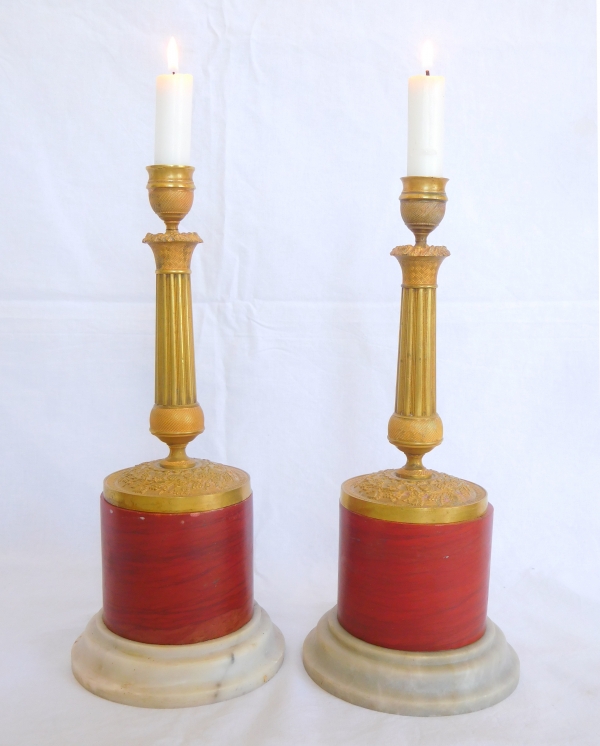 Pair of red marble bases, Louis XVI style, 20th century Italian production