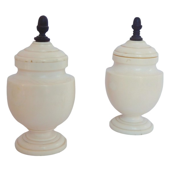 Pair of ivory and ebony vases / urns, early 19th century