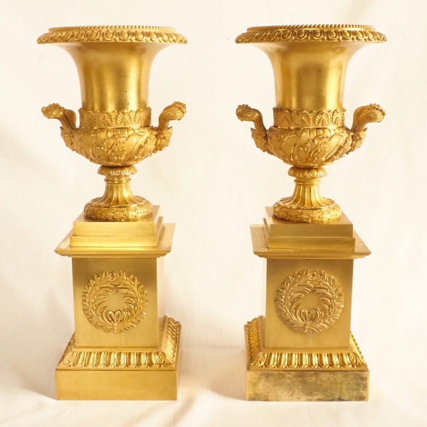 Pair of tall ornamental ormolu vases, mercury gilt, attributed to Thomire