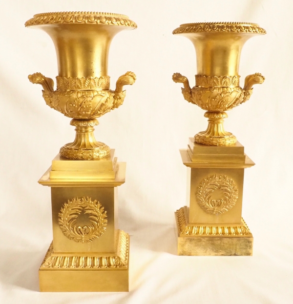 Pair of tall ornamental ormolu vases, mercury gilt, attributed to Thomire