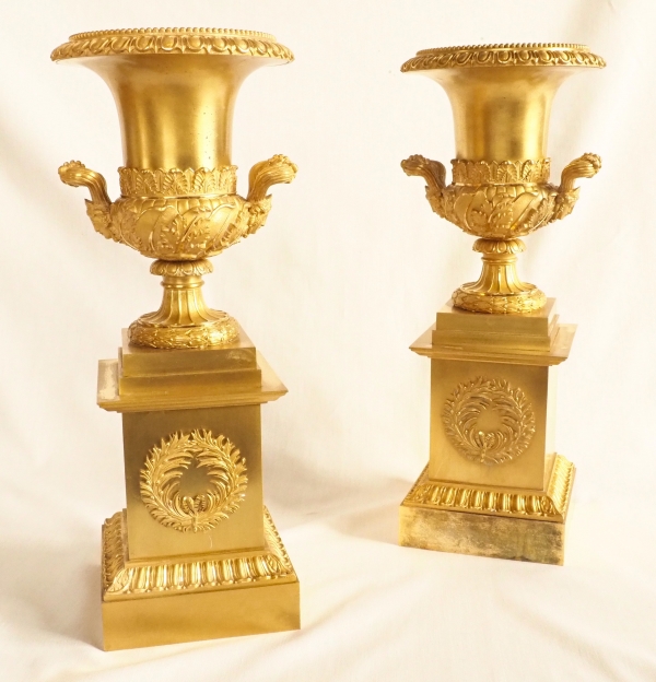 Pair of tall ornamental ormolu vases, mercury gilt, attributed to Thomire