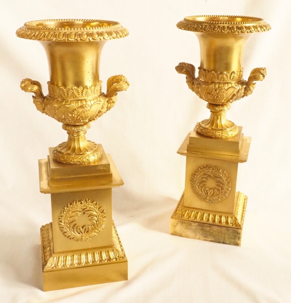 Pair of tall ornamental ormolu vases, mercury gilt, attributed to Thomire