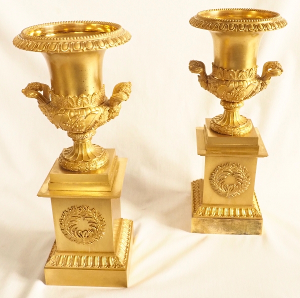 Pair of tall ornamental ormolu vases, mercury gilt, attributed to Thomire