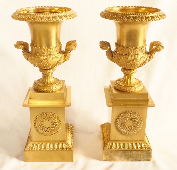 Pair of tall ornamental ormolu vases, mercury gilt, attributed to Thomire