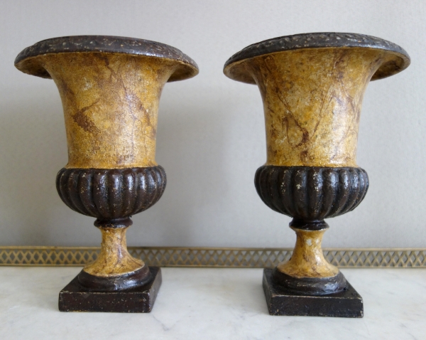 Pair of ornamental cast iron Medicis shaped vases, 19th century